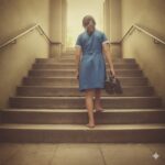 靴を手に階段を昇る少女