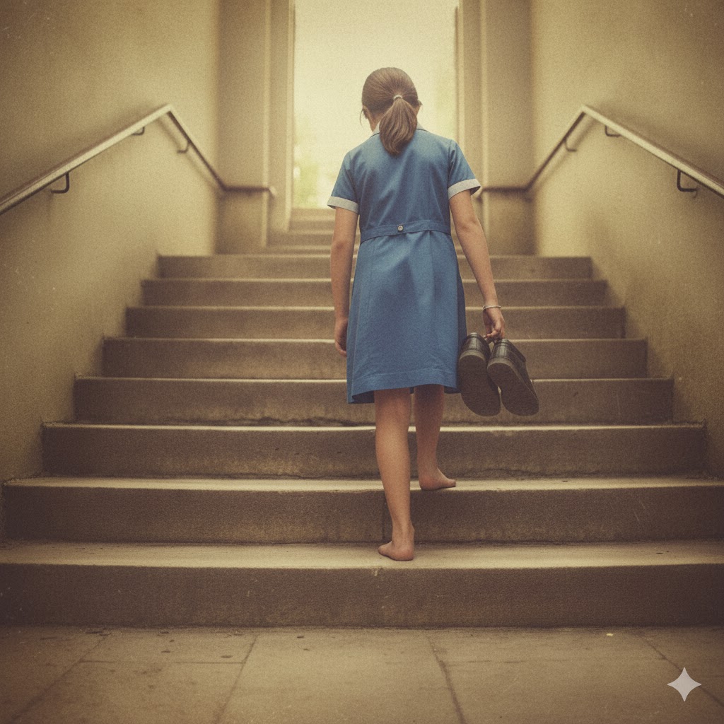 靴を手に階段を昇る少女